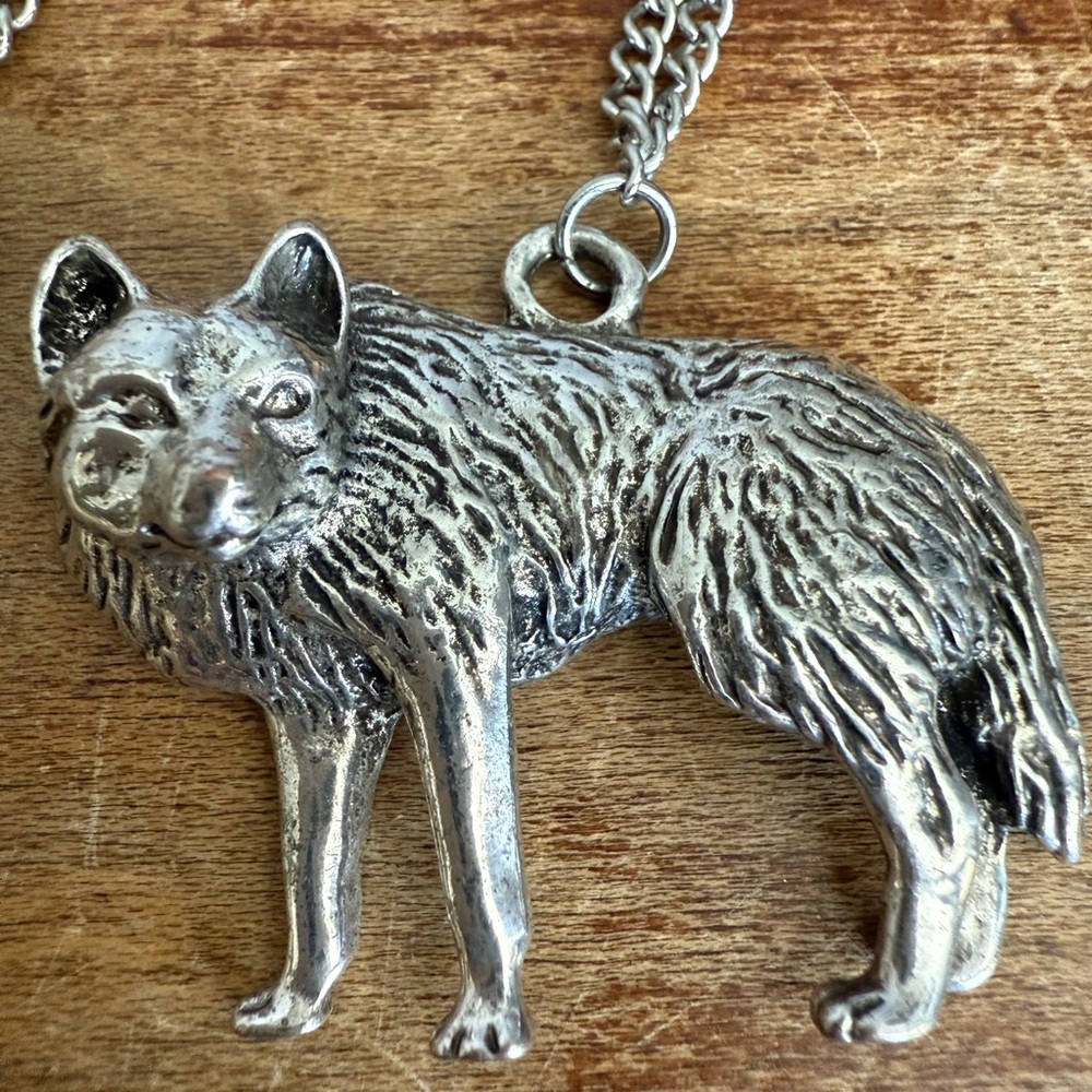 Intricate Silver Tone Wolf and Moon  Pendant Necklace